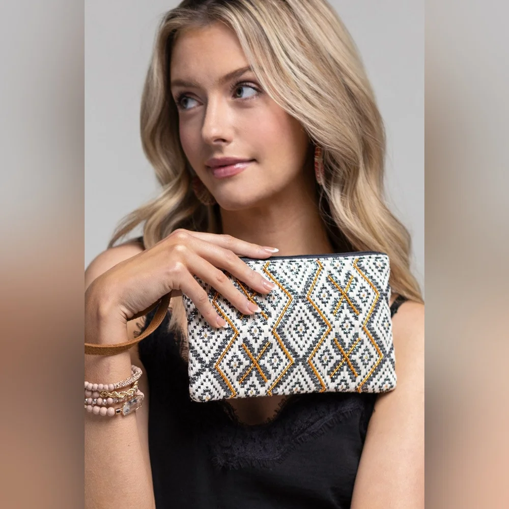 Handmade Hand Beaded Wristlet Clutch - Ethnic Inspired Motive - Gold Seed Beeds - Picture 8 of 11